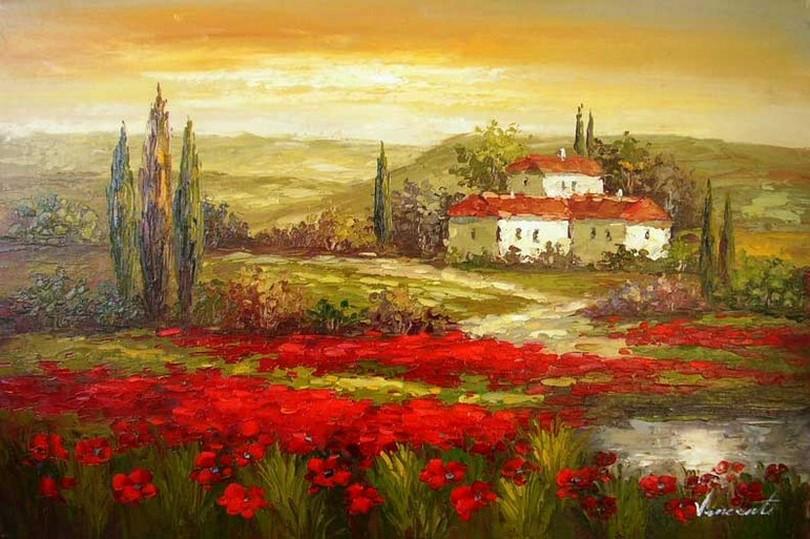 Autumn Art, Flower Field, Impasto Art, Heavy Texture Painting, Landscape Painting, Living Room Wall Art, Cypress Tree, Oil Painting, Red Poppy Field-LargePaintingArt.com