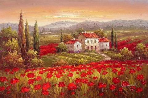 Flower Field, Canvas Painting, Landscape Painting, Wall Art, Large Painting, Living Room Wall Art, Cypress Tree, Oil Painting, Canvas Art, Poppy Field-LargePaintingArt.com