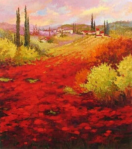 Flower Field, Wall Art, Large Painting, Canvas Painting, Landscape Painting, Living Room Wall Art, Cypress Tree, Oil Painting, Canvas Art, Red Poppy Field-LargePaintingArt.com