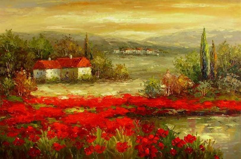 Flower Field Painting, Canvas Painting, Landscape Painting, Contemporary Wall Art, Large Painting, Living Room Wall Art, Cypress Tree, Oil Painting, Poppy Field-LargePaintingArt.com