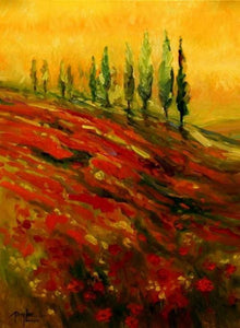 Red Poppy Field, Flower Field, Wall Art, Large Art, Canvas Art, Landscape Painting, Living Room Wall Art, Cypress Tree, Oil Painting, Large Wall Art-LargePaintingArt.com