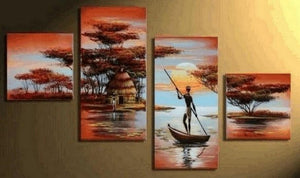 Sunset Boating Painting, Extra Large Painting, African Painting, Abstract Art, Living Room Wall Art, Modern Art, Extra Large Wall Art, Contemporary Art, Modern Art Painting-LargePaintingArt.com