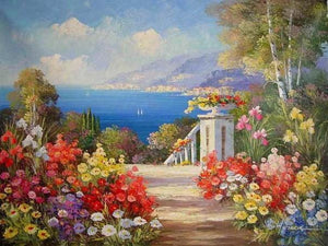 Canvas Painting, Landscape Painting, Wall Art, Canvas Painting, Large Painting, Bedroom Wall Art, Oil Painting, Canvas Art, Garden Flower, Spain Summer Resort-LargePaintingArt.com