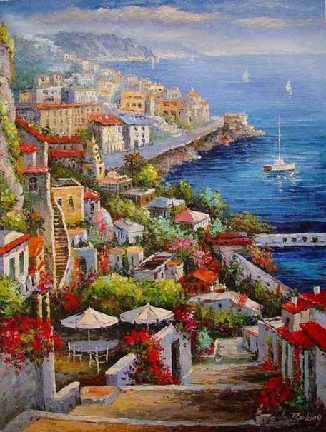 Landscape Painting, Wall Art, Large Painting, Mediterranean Sea Painting, Canvas Painting, Kitchen Wall Art, Oil Painting, Art on Canvas, Seashore Town, France Summer Resort-LargePaintingArt.com