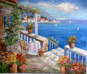 Summer Resort Painting, Canvas Painting, Landscape Painting, Wall Art, Large Painting, Living Room Wall Art, Oil Painting, Canvas Wall Painting, Spain Summer Resort-LargePaintingArt.com