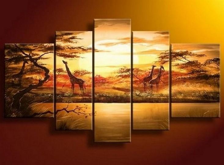 African Painting, Sunset Painting, Canvas Painting, Wall Art, Large Art, Abstract Painting, Living Room Art, 5 Piece Wall Art-LargePaintingArt.com