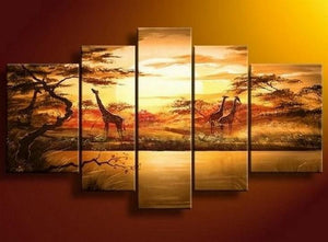 African Painting, Sunset Painting, Canvas Painting, Wall Art, Large Art, Abstract Painting, Living Room Art, 5 Piece Wall Art-LargePaintingArt.com