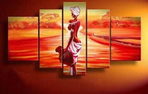 African Girl, Sunset Painting, Canvas Painting, African Woman Painting, 5 Piece Canvas Art, Abstract Wall Painting-LargePaintingArt.com