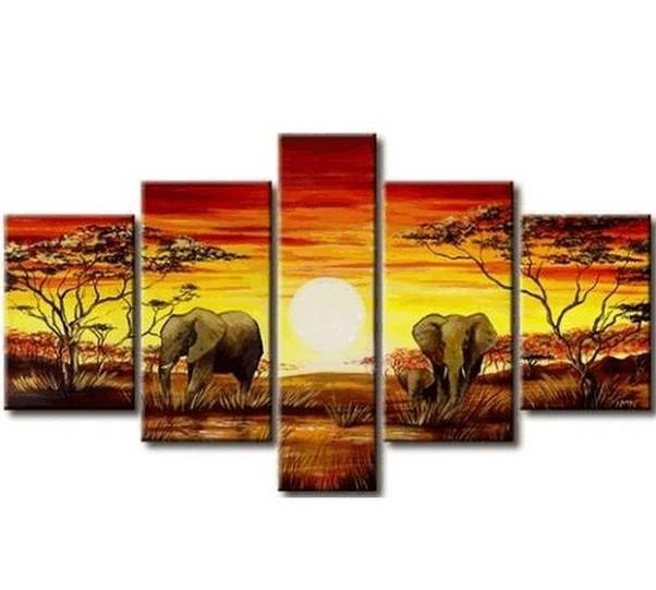 African Painting, Elephant Painting, Living Room Art, 5 Piece Wall Art, Living Room Wall Painting-LargePaintingArt.com