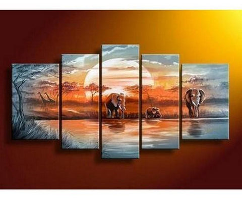 Elephant Painting, African Painting, Abstract Art, Canvas Painting, Wall Art, Large Art, Abstract Painting, Living Room Art, 5 Piece Wall Art-LargePaintingArt.com