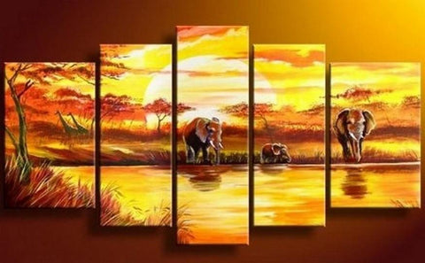 Elephant Painting, African Painting, Abstract Wall Art, Canvas Painting, Wall Art, Large Art, Abstract Painting, Living Room Art, 5 Piece Wall Art-LargePaintingArt.com