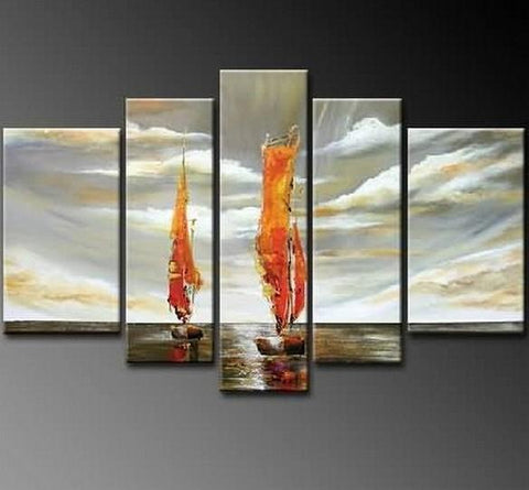 Sailing Boat art Sea, Abstract Art, Canvas Painting, Wall Art, Large Art, Abstract Painting, Living Room Art, 5 Piece Wall Art, Landscape Painting-LargePaintingArt.com