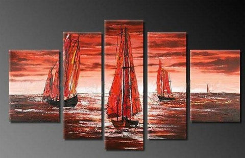 Sailing Boat art Sea, Sunset Art, Abstract Art, Wall Art, Large Art, Abstract Painting, 5 Piece Wall Art, Landscape Painting-LargePaintingArt.com