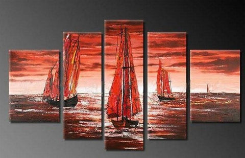 Sailing Boat art Sea, Sunset Art, Abstract Art, Wall Art, Large Art, Abstract Painting, 5 Piece Wall Art, Landscape Painting-LargePaintingArt.com