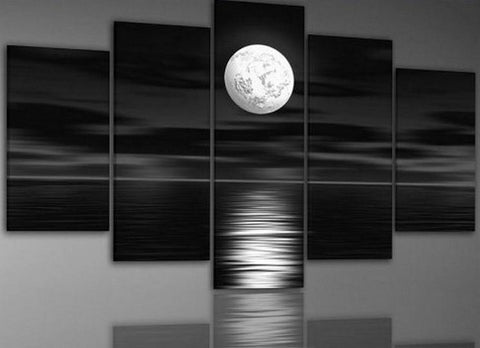 Large Canvas Art, Abstract Art, Bedroom Art Decor, 5 Piece Art, Canvas Art Painting, Moon Rising from Sea, Ready to Hang-LargePaintingArt.com