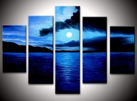 Large Canvas Art, Abstract Art, Canvas Painting, Abstract Painting, Bedroom Art Decor, 5 Piece Art, Canvas Art Painting, Moon Rising from Sea, Ready to Hang-LargePaintingArt.com