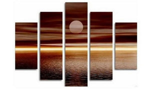 Large Canvas Art, 5 Panel Wall Art, Canvas Art Painting, Moon Rising from Sea, Ready to Hang-LargePaintingArt.com