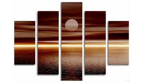 Large Canvas Art, 5 Panel Wall Art, Canvas Art Painting, Moon Rising from Sea, Ready to Hang-LargePaintingArt.com