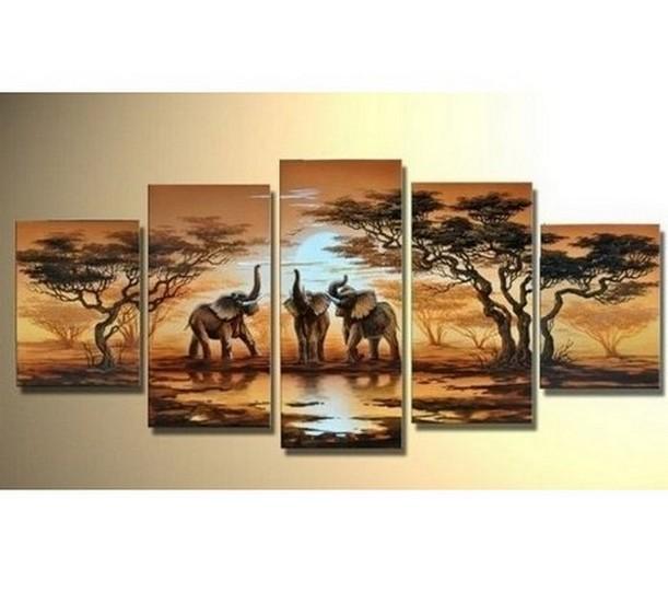 Large Canvas Art, Abstract Art, African Elephant Art, Canvas Painting, Abstract Painting, Living Room Art painting, 5 Piece Art, Modern Art-LargePaintingArt.com
