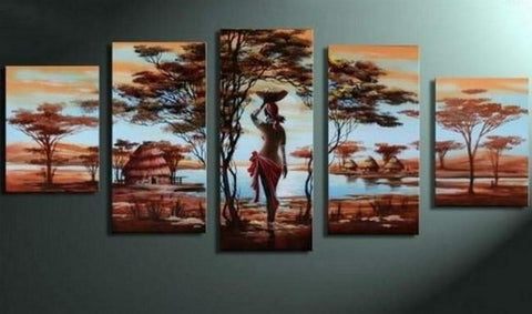 Canvas Painting, Abstract Painting, 5 Piece Canvas Art, Abstract Art, African Art, African Girl Painting, African Woman Painting, Modern Art-LargePaintingArt.com