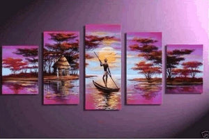 Large Canvas Art, 5 Piece Canvas Painting, Abstract Painting for Sale, African Woman Art, Boat at Lake River Art, Ready to Hang Painting-LargePaintingArt.com