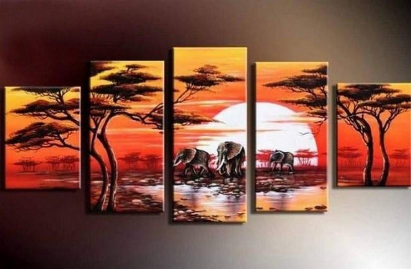 Large Canvas Art, Abstract Art, Canvas Painting, Abstract Painting, African Art, Elephant Sunset Art, Home Art, 5 Piece Wall Art, Landscape Art, Ready to Hang-LargePaintingArt.com