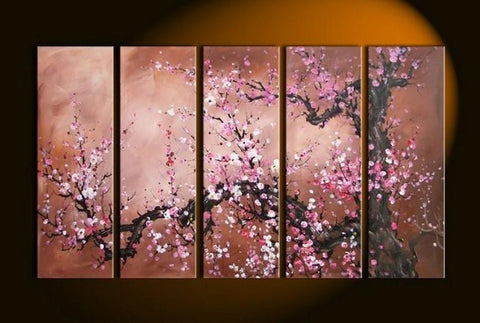 Plum Tree Painting, Large Canvas Art, Abstract Art, Flower Art, Canvas Painting, Abstract Painting, 5 Piece Wall Art, Huge Painting, Acrylic Art, Ready to Hang-LargePaintingArt.com