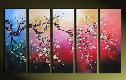 Plum Tree Painting, Flower Art, Abstract Painting, 5 Piece Wall Art, Huge Painting, Acrylic Art, Ready to Hang-LargePaintingArt.com