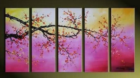 Flower Art, Canvas Painting, Plum Tree Painting, Large Canvas Art, Abstract Art, Abstract Painting, 5 Piece Wall Art, Huge Painting, Acrylic Art, Ready to Hang-LargePaintingArt.com