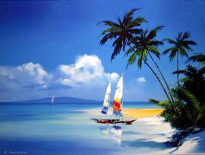 Hawaii Beach, Seashore Painting, Sail Boat Painting, Canvas Art, Canvas Painting, Oil Painting, Wall Art, Large Painting, Canvas Painting, Canvas Art-LargePaintingArt.com