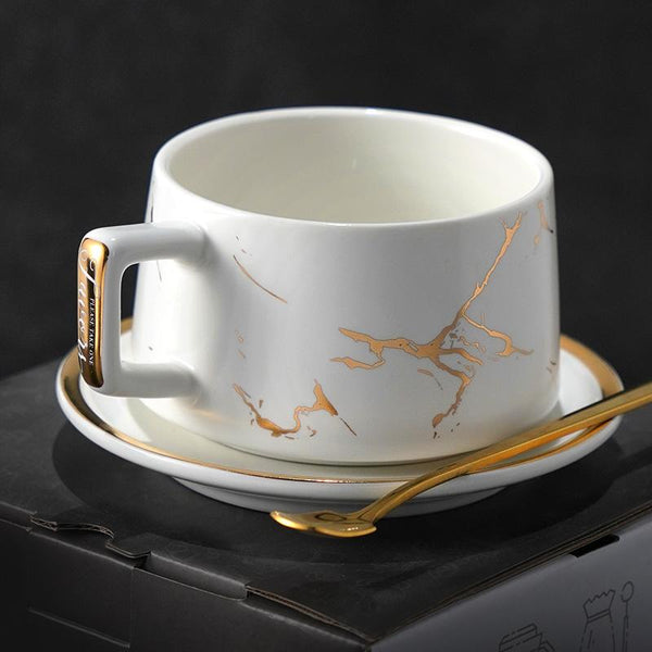 Large Tea Cup, White Coffee Cup, Black Coffee Mug, Ceramic Cup, Coffee Cup and Saucer Set-LargePaintingArt.com
