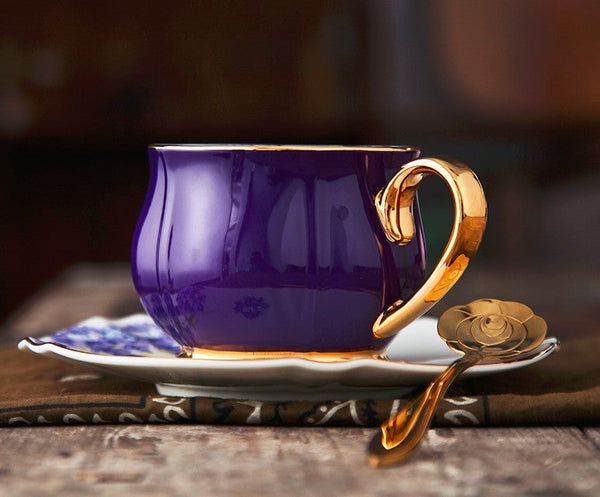 Elegant Purple Ceramic Cups, Unique Coffee Cup and Saucer in Gift Box as Birthday Gift, Beautiful British Tea Cups, Creative Bone China Porcelain Tea Cup Set-LargePaintingArt.com