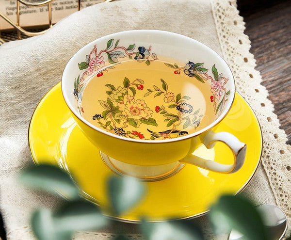 Elegant Yellow Ceramic Cups, Unique Royal Coffee Cup and Saucer, Beautiful British Tea Cups, Creative Bone China Porcelain Tea Cup Set-LargePaintingArt.com