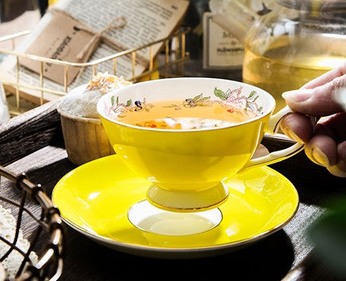 Elegant Yellow Ceramic Cups, Unique Royal Coffee Cup and Saucer, Beautiful British Tea Cups, Creative Bone China Porcelain Tea Cup Set-LargePaintingArt.com