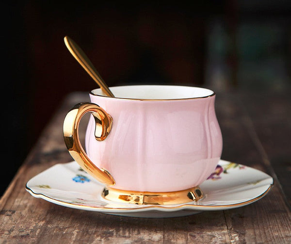 Unique Coffee Cup and Saucer in Gift Box as Birthday Gift, Elegant Pink Ceramic Cups, Beautiful British Tea Cups, Creative Bone China Porcelain Tea Cup Set-LargePaintingArt.com
