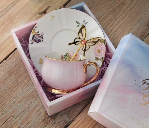 Unique Coffee Cup and Saucer in Gift Box as Birthday Gift, Elegant Pink Ceramic Cups, Beautiful British Tea Cups, Creative Bone China Porcelain Tea Cup Set-LargePaintingArt.com