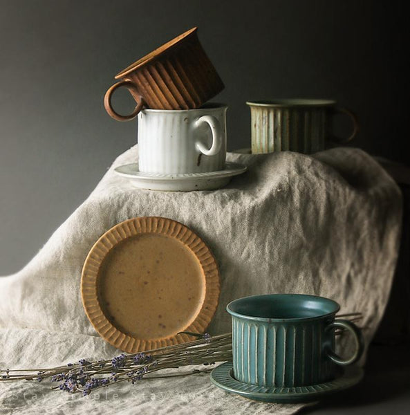 Blue Pottery Coffee Cups, Cappuccino Coffee Mug, Latte Coffee Cup, Blue Tea Cup, Ceramic Coffee Cup, Coffee Cup and Saucer Set-LargePaintingArt.com