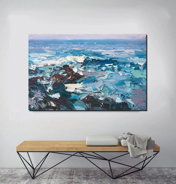 Landscape Canvas Paintings, Seascape Painting, Acrylic Paintings for Living Room, Abstract Landscape Paintings, Seascape Big Wave Painting, Heavy Texture Canvas Art-LargePaintingArt.com
