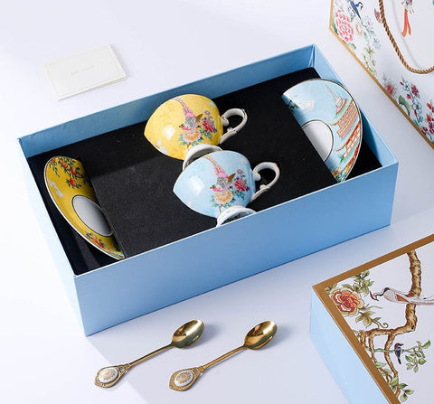 Beautiful Bird Pattern Tea Cups, Creative Bone China Porcelain Tea Cup Set, Elegant Oriental Pheasant Ceramic Cups and Saucers in Gift Box-LargePaintingArt.com