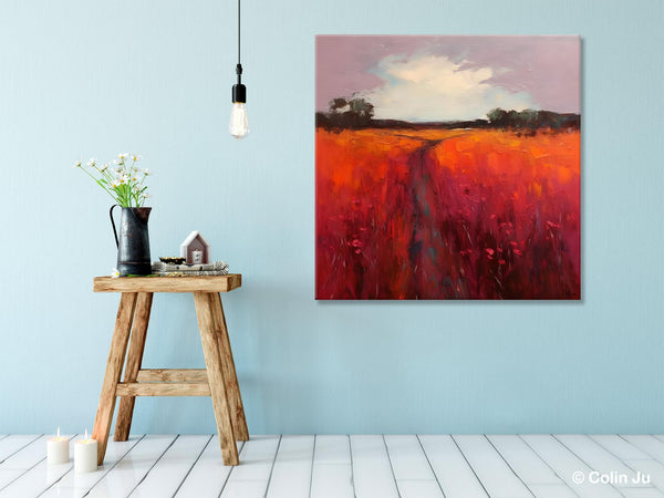Landscape Canvas Paintings, Acrylic Abstract Art on Canvas, Red Poppy Flower Field Painting, Landscape Acrylic Painting, Living Room Wall Art Paintings-LargePaintingArt.com