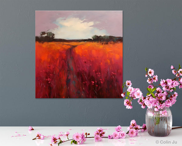 Landscape Canvas Paintings, Acrylic Abstract Art on Canvas, Red Poppy Flower Field Painting, Landscape Acrylic Painting, Living Room Wall Art Paintings-LargePaintingArt.com