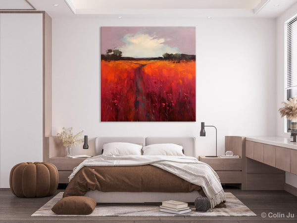 Landscape Canvas Paintings, Acrylic Abstract Art on Canvas, Red Poppy Flower Field Painting, Landscape Acrylic Painting, Living Room Wall Art Paintings-LargePaintingArt.com