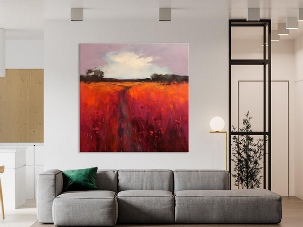 Landscape Canvas Paintings, Acrylic Abstract Art on Canvas, Red Poppy Flower Field Painting, Landscape Acrylic Painting, Living Room Wall Art Paintings-LargePaintingArt.com