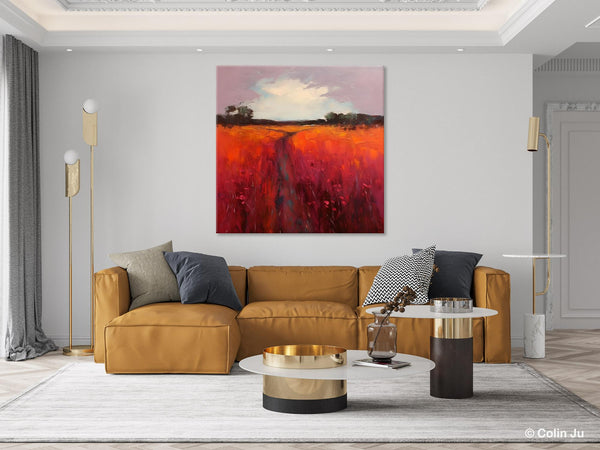 Landscape Canvas Paintings, Acrylic Abstract Art on Canvas, Red Poppy Flower Field Painting, Landscape Acrylic Painting, Living Room Wall Art Paintings-LargePaintingArt.com