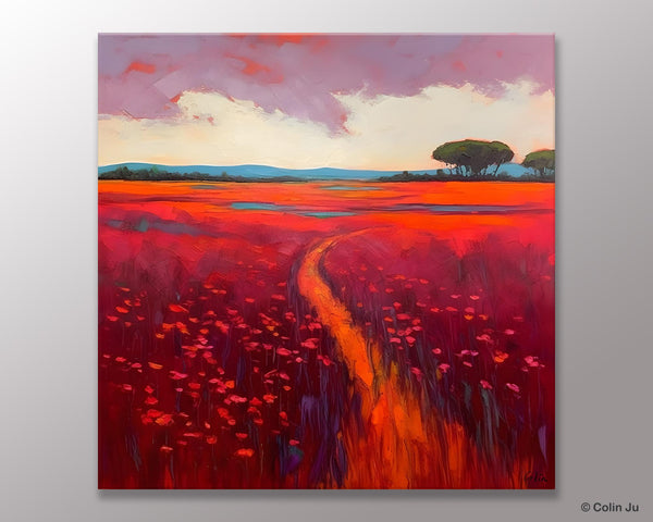 Original Hand Painted Wall Art, Landscape Paintings for Living Room, Abstract Canvas Painting, Abstract Landscape Art, Red Poppy Field Painting-LargePaintingArt.com