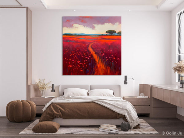 Original Hand Painted Wall Art, Landscape Paintings for Living Room, Abstract Canvas Painting, Abstract Landscape Art, Red Poppy Field Painting-LargePaintingArt.com