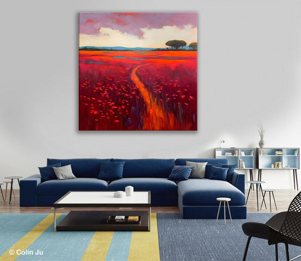 Original Hand Painted Wall Art, Landscape Paintings for Living Room, Abstract Canvas Painting, Abstract Landscape Art, Red Poppy Field Painting-LargePaintingArt.com