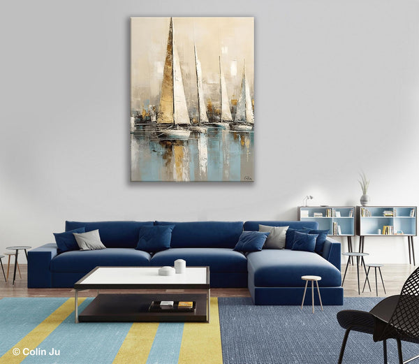 Modern Abstract Wall Art Paintings, Large Original Canvas Art for Bedroom, Large Painting Ideas for Living Room, Sail Boat Canvas Painting-LargePaintingArt.com