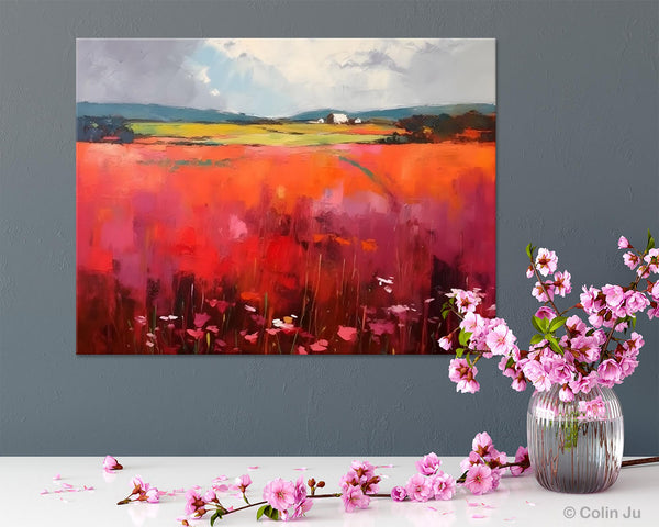 Abstract Canvas Painting, Landscape Paintings for Living Room, Red Poppy Field Painting, Original Hand Painted Wall Art, Abstract Landscape Art-LargePaintingArt.com