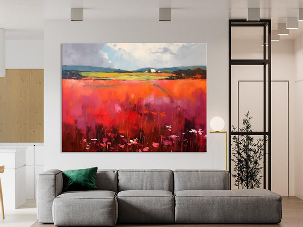 Abstract Canvas Painting, Landscape Paintings for Living Room, Red Poppy Field Painting, Original Hand Painted Wall Art, Abstract Landscape Art-LargePaintingArt.com